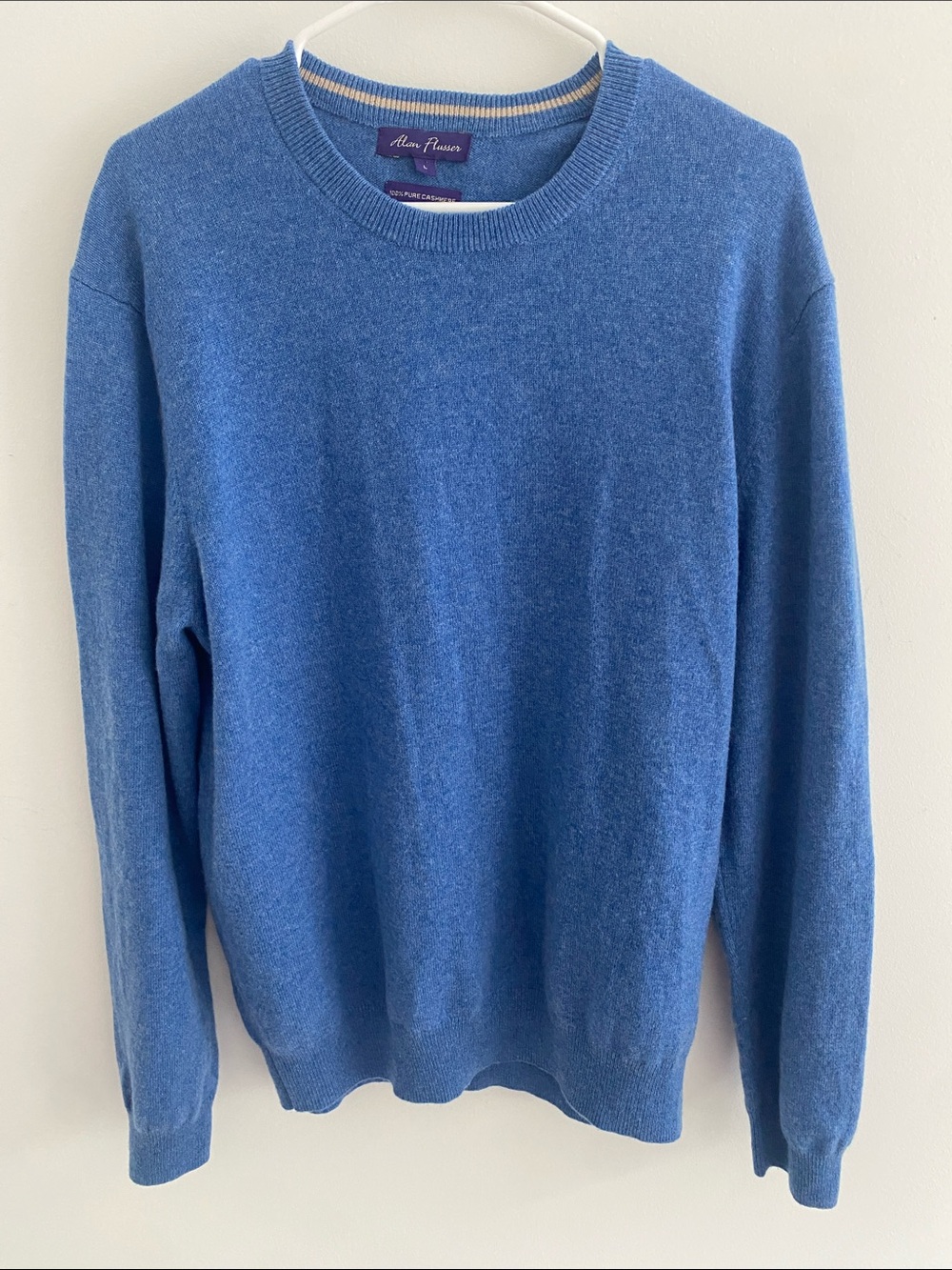 Alan Flusser Crew Neck Cashmere L/S Knit Sweater Pullover Mid Blue Size LARGE